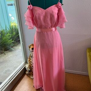 Vintage 70’s Prom Bridesmaid Dress - Pink  Off-Shoulder - S
